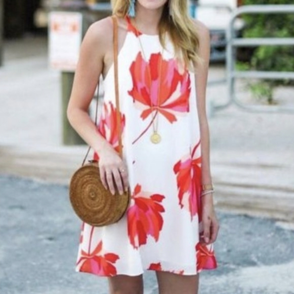 Crosby By Mollie Burch Medium, Mini Halter Dress, Poly Coral Pink Floral EUC